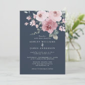 Invitation Rose rose floral Bourgogne bleu foncé (Debout devant)