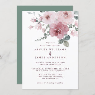 Invitation Rose rose floral Bourgogne Dusty Mariage vert