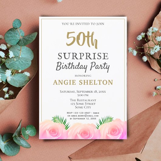 Invitation Rose Rose Floral Feuilles 50e Anniversaire surpris