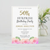 Invitation Rose Rose Floral Feuilles 50e Anniversaire surpris (Debout devant)