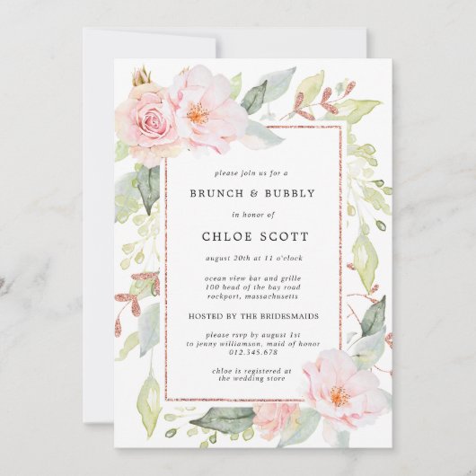 Invitation Rose Rose Floral Gold Brich Brunch Bubbly (Devant)