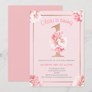 Invitation Rose rose Floral Gold Girl's First Birthday Party