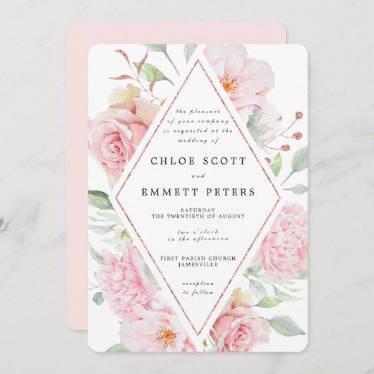 Invitation Rose Rose Floral Moderne Mariage (Devant / Derrière)