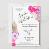Invitation Rose rose floral noir blanc rayure moderne chic (Devant)