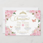 Invitation Rose Rose Floral Or Tiara Butterfly Quinceanera (Devant)