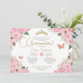 Invitation Rose Rose Floral Or Tiara Butterfly Quinceanera (Debout devant)
