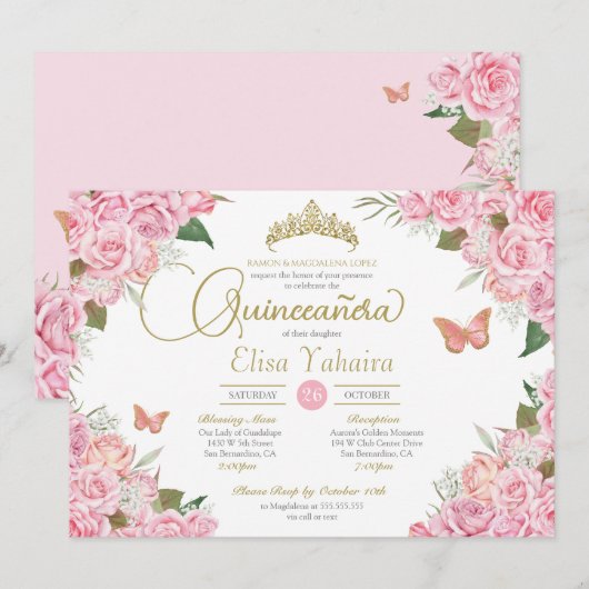 Invitation Rose Rose Floral Or Tiara Butterfly Quinceanera (Devant / Derrière)