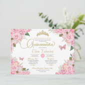 Invitation Rose Rose Floral Or Tiara Butterfly Quinceanera (Debout devant)