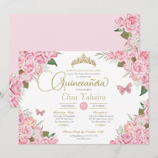 Invitation Rose Rose Floral Or Tiara Butterfly Quinceanera (Devant / Derrière)