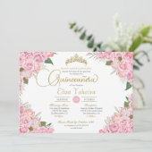 Invitation Rose Rose Floral Or Tiara Quinceanera (Debout devant)