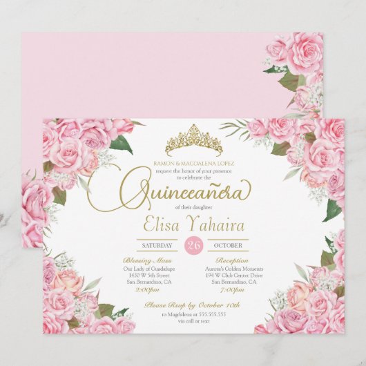 Invitation Rose Rose Floral Or Tiara Quinceanera (Devant / Derrière)
