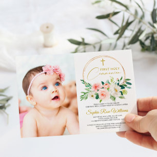 Invitation Rose Rose Floral Photo Girl Première Sainte Commun