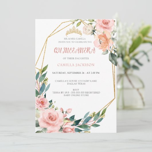 Invitation Rose rose Floral Quinceanera Bleu Papillon Tiar (Debout devant)