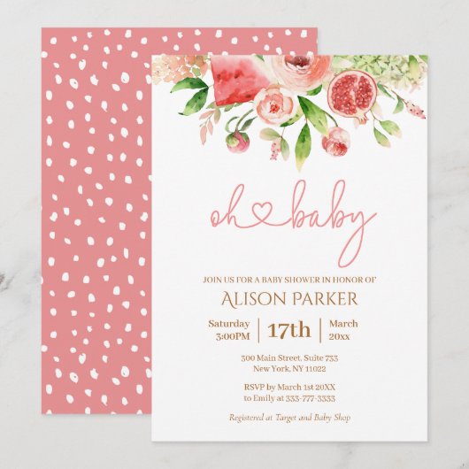 Invitation Rose Rose Floral Vert Fille Baby shower (Devant / Derrière)