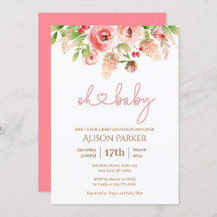 Invitation Rose Rose Floral Vert Fille Baby shower