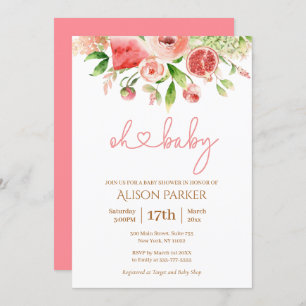 Invitation Rose Rose Floral Vert Fille Baby shower Invitat