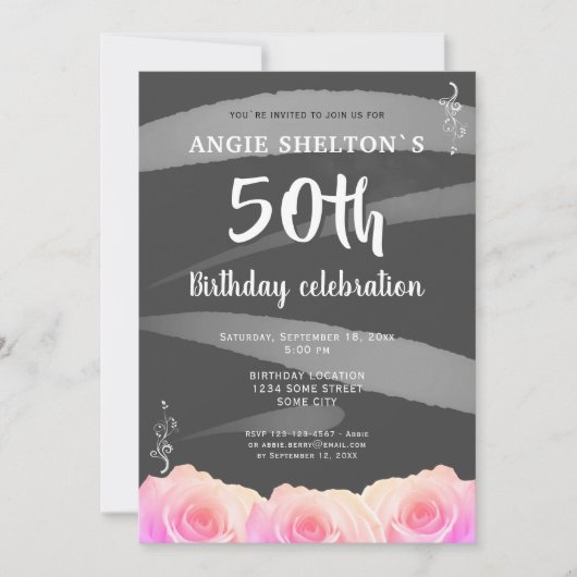 Invitation Rose rose florale rayures 50e anniversaire (Devant)