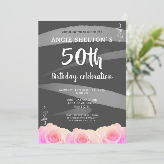 Invitation Rose rose florale rayures 50e anniversaire (Debout devant)