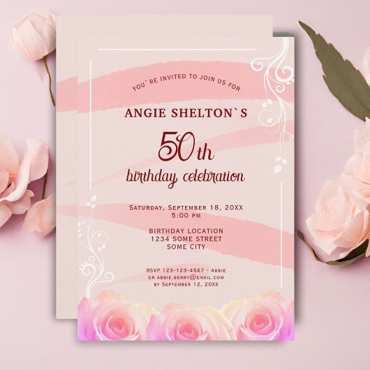 Invitation Rose rose florale rayures 50e anniversaire