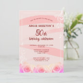 Invitation Rose rose florale rayures 50e anniversaire (Debout devant)