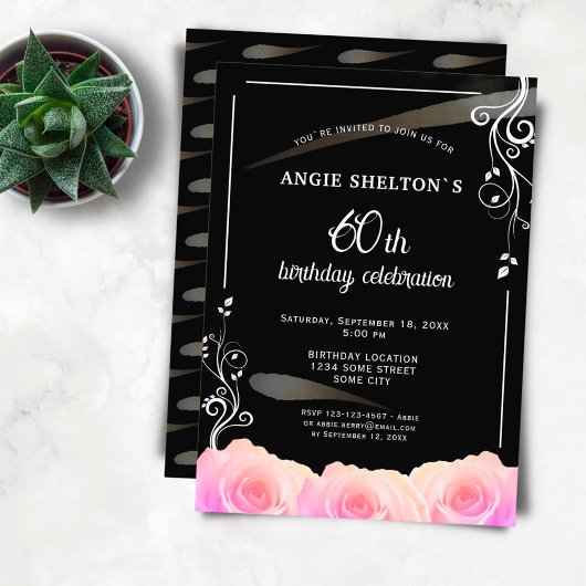 Invitation Rose rose florale rayures 60e anniversaire