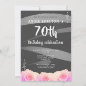 Invitation Rose rose florale rayures 70e anniversaire (Devant)