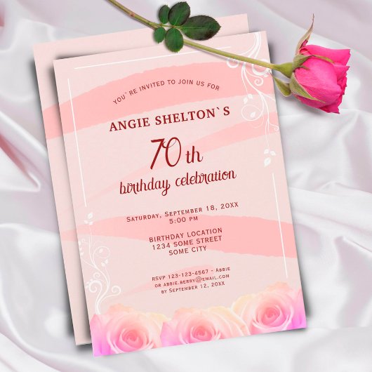 Invitation Rose rose florale rayures 70e anniversaire