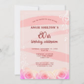 Invitation Rose rose florale rayures 80e anniversaire (Devant)