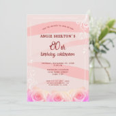 Invitation Rose rose florale rayures 80e anniversaire (Debout devant)