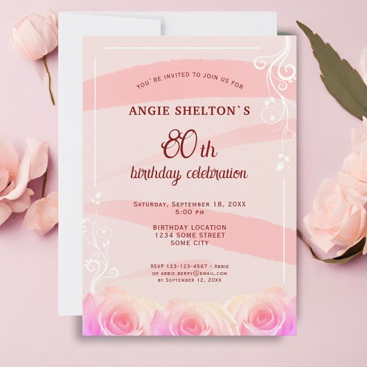 Invitation Rose rose florale rayures 80e anniversaire
