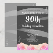 Invitation Rose rose florale rayures 90e anniversaire (Devant / Derrière)
