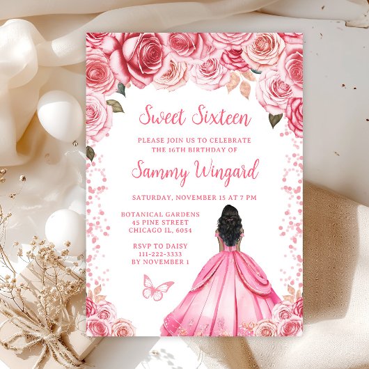 Invitation Rose Rose Foncé Princesse Sweet Seize Ans