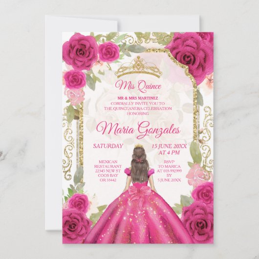 Invitation Rose rose Fuchsia et robe Charra Mis XV Anos (Devant)