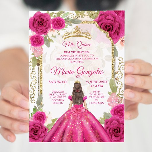 Invitation Rose rose Fuchsia et robe Charra Mis XV Anos