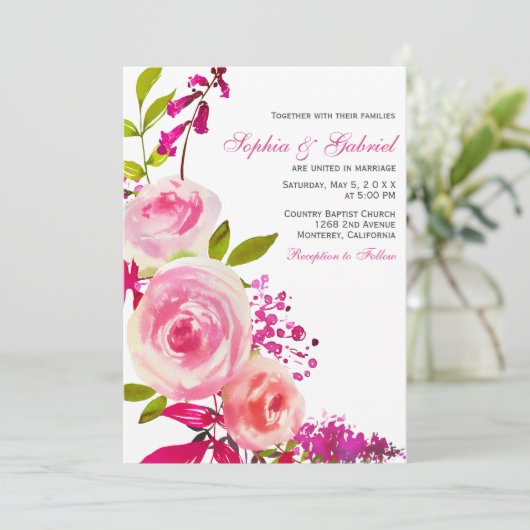 Invitation Rose rose Fuchsia Mariage botanique (Debout devant)