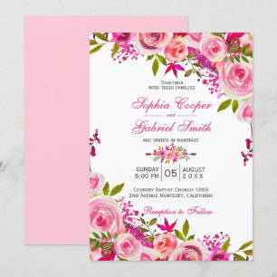 Invitation Rose rose Fuchsia Mariage botanique