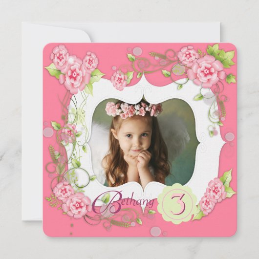 Invitation Rose Rose Girls Photo 3e fête d'anniversaire (Devant)