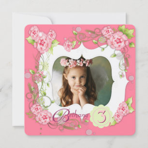 Invitation Rose Rose Girls Photo 3e fête d'anniversaire