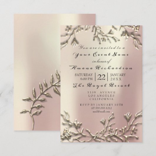 Invitation Rose Rose Gold Champaigne Floral 3D Effet Bridal (Devant / Derrière)