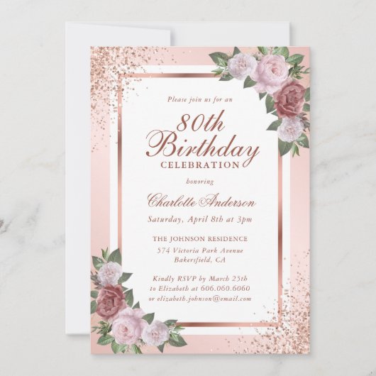 Invitation Rose Rose Gold Confetti Rose 80e anniversaire (Devant)