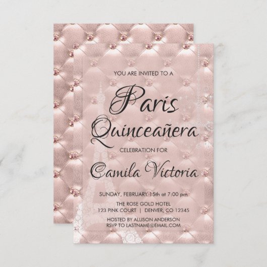 Invitation Rose Rose Gold Paris Quinceañera (Devant / Derrière)
