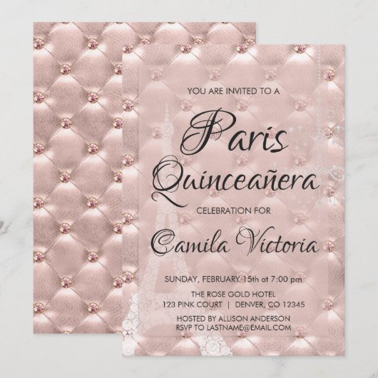 Invitation Rose Rose Gold Paris Quinceañera (Devant / Derrière)
