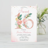 Invitation Rose Rose Gold Princesse Floral Sweet 16 Anniversa (Debout devant)