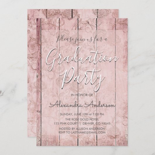 Invitation Rose Rose Gold Rustic Wood Graduation Party (Devant / Derrière)
