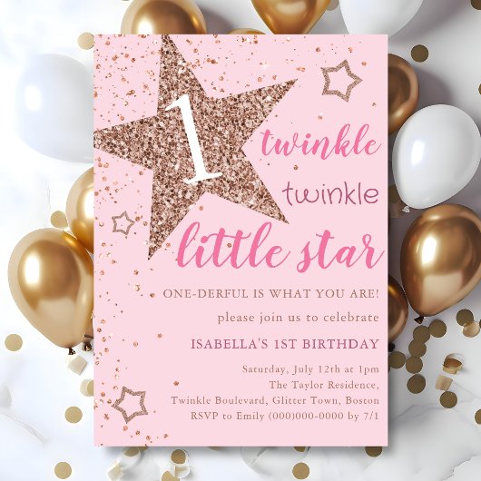 Invitation Rose & Rose Gold Twinkle Little Star 1er anniversa