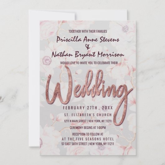 Invitation Rose rose Gris Floral Or Mariage manuscrit (Devant)