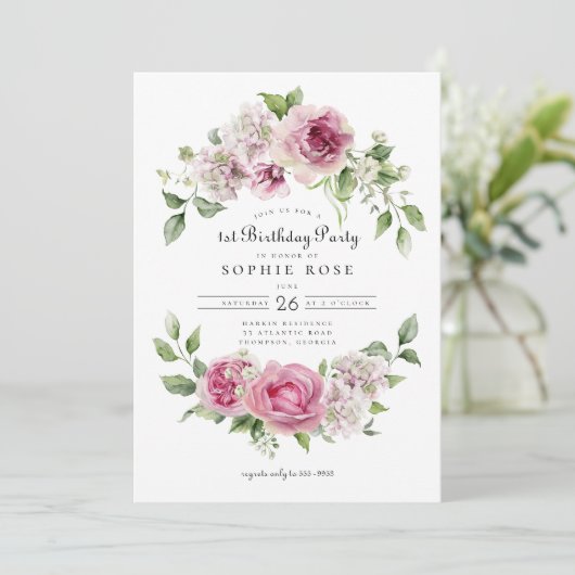 Invitation Rose rose Hydrangea Floral Arch 1er Anniversaire (Debout devant)