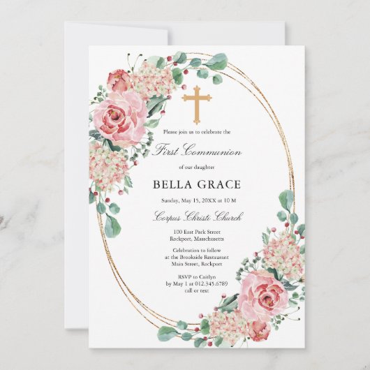 Invitation Rose Rose Hydrangea Première Communion Sainte (Devant)