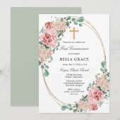 Invitation Rose Rose Hydrangea Première Communion Sainte (Devant / Derrière)