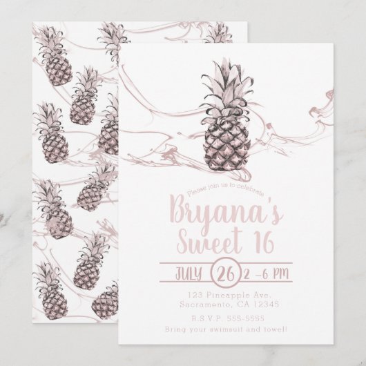Invitation Rose rose Juicy Ananas Summer Sweet 16 Party (Devant / Derrière)